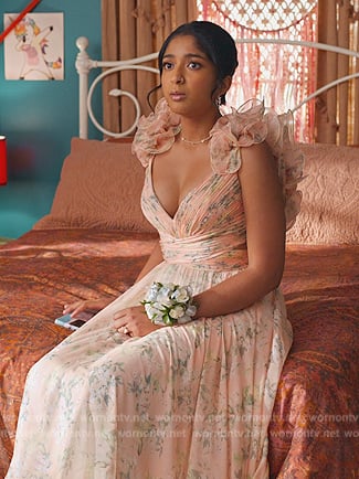 Devi's pink floral print gown on Never Have I Ever