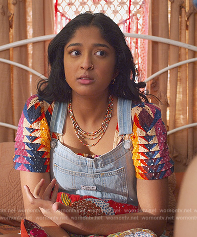 Devi's abstract print dress and overalls on Never Have I Ever