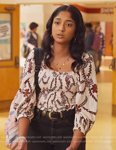 Devi's floral smocked top and necklace on Never Have I Ever