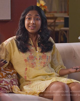Devi's yellow floral sheer mini dress on Never Have I Ever
