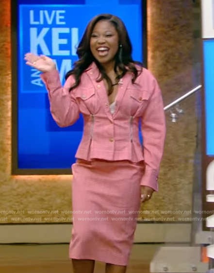 Dominique Fishback's red zip detail jacket and skirt on Live with Kelly and Mark