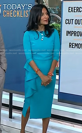 Dr. Gayatri Devi's blue ruffle sheath dress on Today