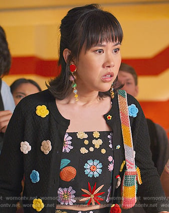 Eleanor black floral crochet cardigan on Never Have I Ever