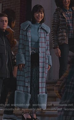 Eleanor's blue plaid fur trim coat on Never Have I Ever