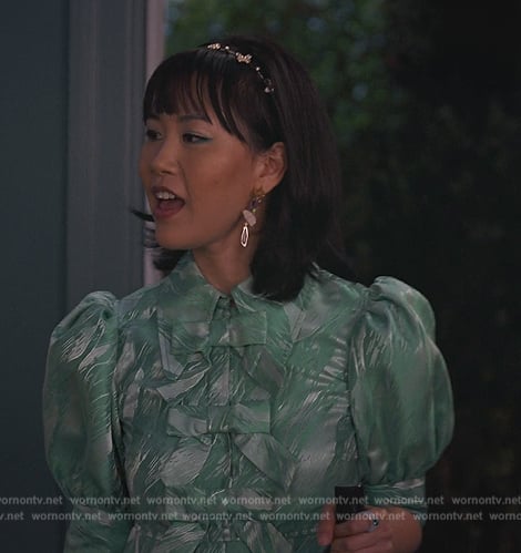 Eleanor's green bow embellished dress on Never Have I Ever