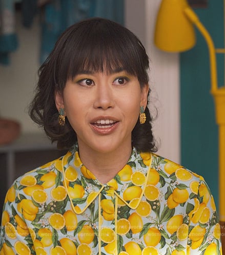 Eleanor's lemon print blouse and pineapple earrings on Never Have I Ever