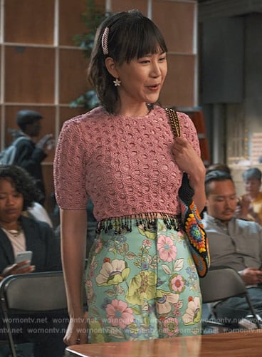Eleanor's green floral pants and pink top on Never Have I Ever