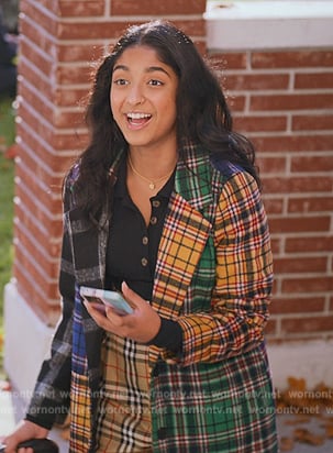 Devi's multicolored plaid coat on Never Have I Ever