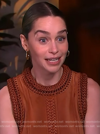 Emilia Clarke's brown suede braided dress on Access Hollywood