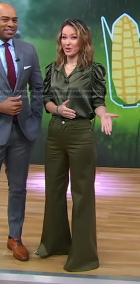 Eva's green puff sleeve top and flare pants on Good Morning America