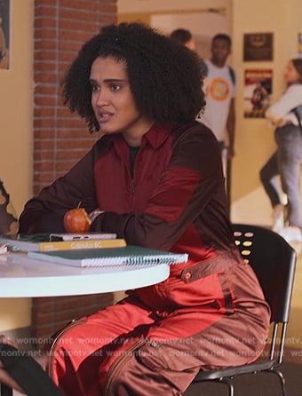 Fabiola's red track jacket and pants on Never Have I Ever