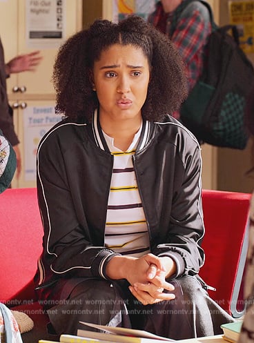 Fabiola's black sleeve stripe bomber jacket on Never Have I Ever