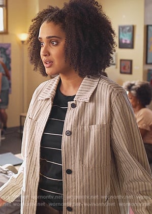 Fabiola's striped jacket on Never Have I Ever