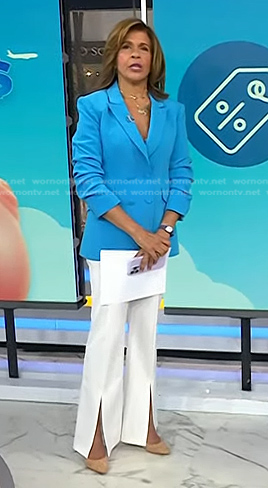 Hoda's blue ruched sleeve blazer and white pants on Today