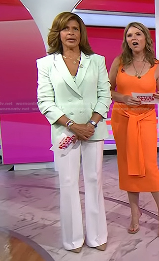 Hoda's mint green blazer and white flare pants on Today