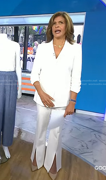Hoda’s white ruched sleeve blazer and slit pants on Today