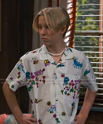 Jake's white printed camp shirt on Bunkd