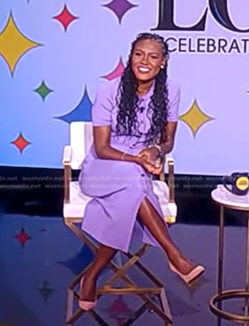 Janai's lilac short sleeve cardigan and skirt on Good Morning America