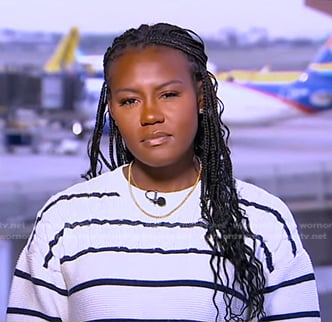 Janai's white striped knit sweater on Good Morning America