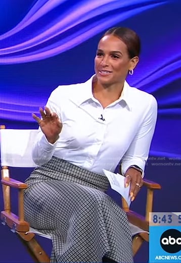 Jess Sim's white shirt and check pencil skirt on Good Morning America