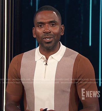 Justin's brown colorblock zip polo shirt on E! News
