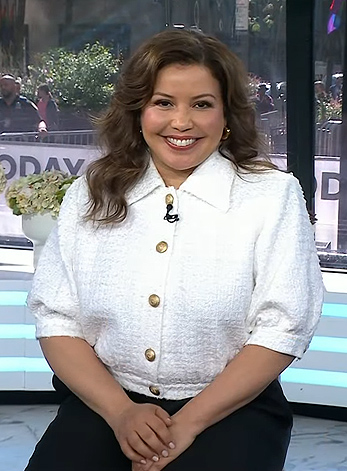 Justina Machado's white elbow sleeve tweed jacket on Today