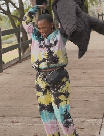 Kandi's rainbow tie dye sweatshirt and pants on The Real Housewives of Atlanta