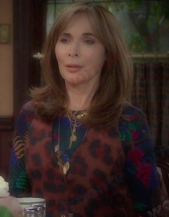 Kate's leaf print dress and leopard vest on Days of our Lives