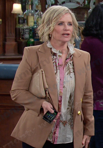 Kayla's floral blouse and beige blazer on Days of our Lives