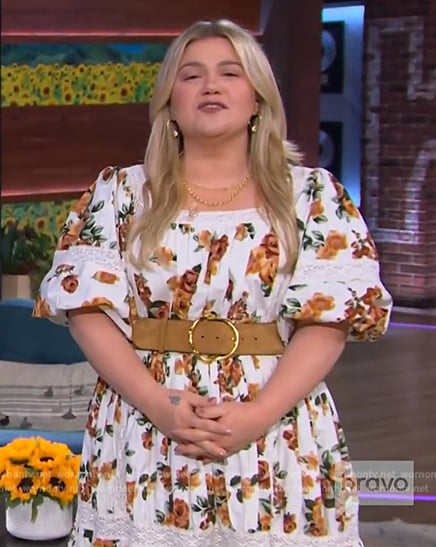 Kelly's white floral print lace inset dress on The Kelly Clarkson Show
