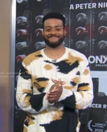Kris Bowers's print distressed knit sweater on Good Morning America