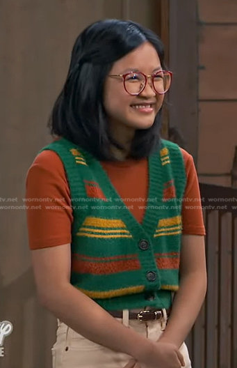 Megan's green striped knit vest on Bunkd