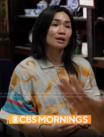Mei Lum's printed polo on CBS Mornings