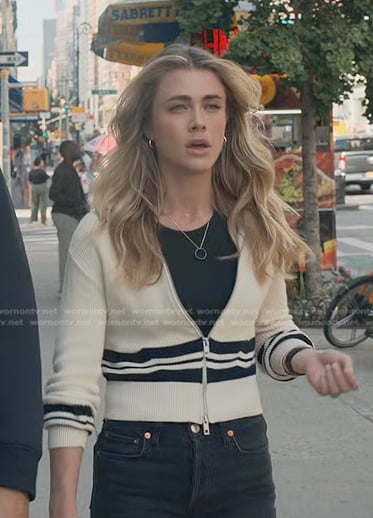 Michaela's white striped knit jacket on Manifest