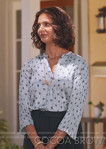 Nalini's blue floral print pleated blouse on Never Have I Ever