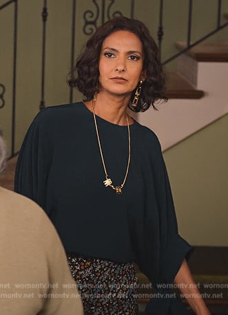 Nanlini's floral print pants and earrings on Never Have I Ever