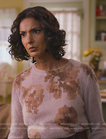 Nalini's pink floral print sweater on Never Have I Ever