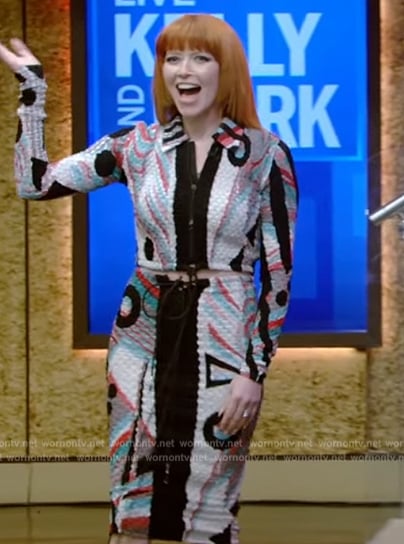 Natasha Lyonne's textured top and skirt on Live with Kelly and Mark