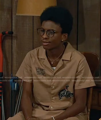 Noah's beige printed camp shirt and pants on Bunkd