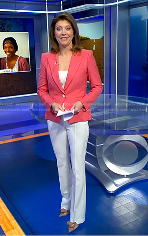 Norah's pink blazer and white pants on CBS Evening News