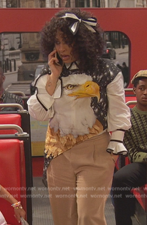 Raven's asymmetric eagle print top on Ravens Home