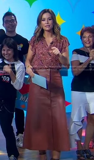 Rebecca's pink floral ruffle top and brown skirt on Good Morning America