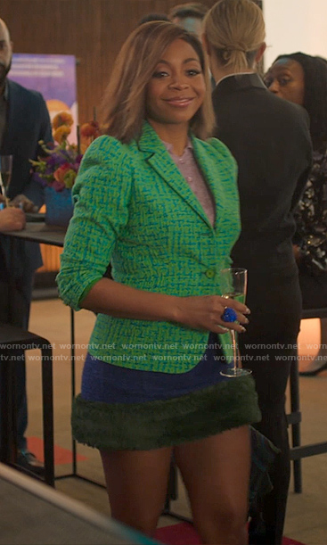 Renee's green tweed jacket and fur trim mini skirt on Run the World