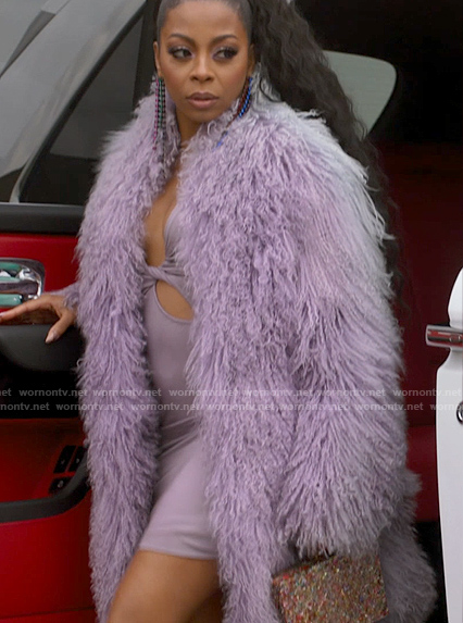 Renee's purple twisted cutout dress and fur coat on Run the World