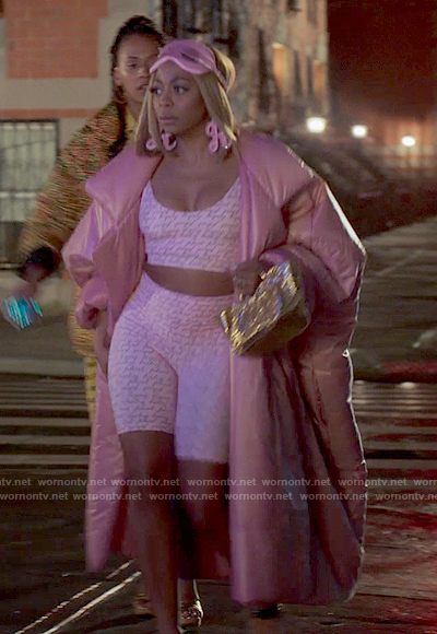Renee's pink Baby Phat set and long pink puffer coat on Run the World