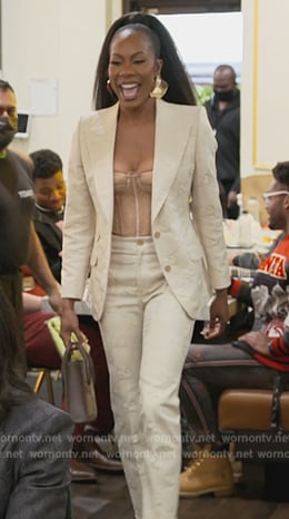 Sanya's white gg embossed suit on The Real Housewives of Atlanta