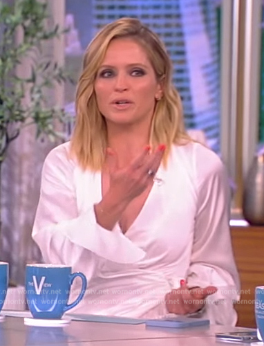 Sara's white pleated wrap dress on The View