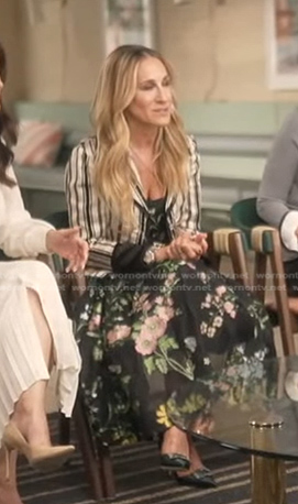 Sarah Jessica Parker's black floral dress and striped blazer on Good Morning America