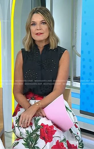 Savannah's black eyelet sleeveless top and poppy print skirt on Today