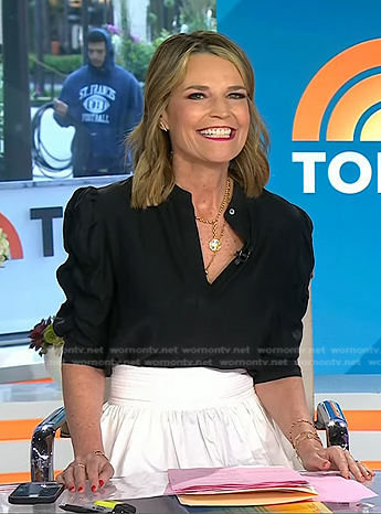 Savannah's black ruched sleeve blouse and white midi skirt on Today